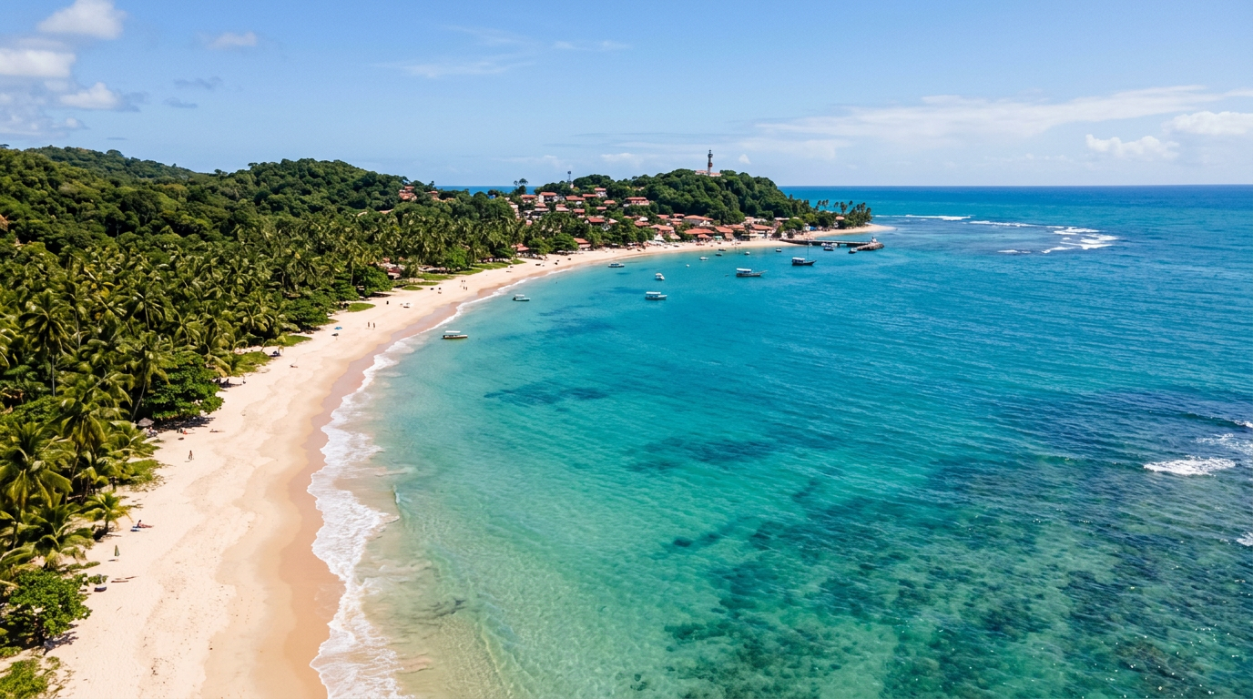 Praia de Morro de São Paulo vista de cima, com mar azul-turquesa